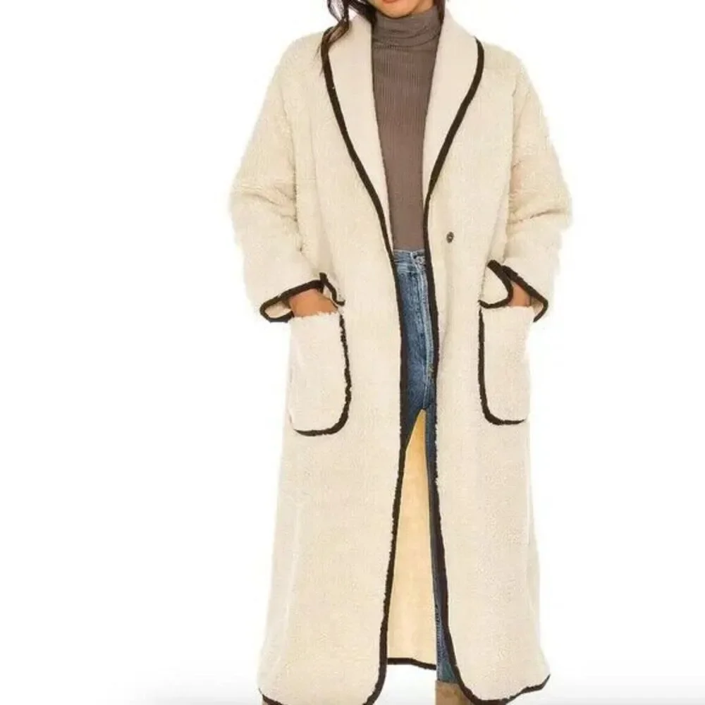 Free People Irresistible Teddy Cardi Maxi Jacket Pockets Oversized Ivory LARGE - Picture 1 of 9